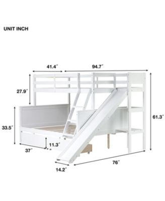 Twin over Full Bunk Bed with 2 Drawers, Slide, Shelves, Ladder, Rubber Wood Bunk Bed with Slide, Drawers