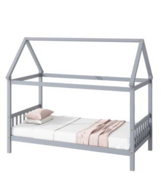  Twin House Bed with Headboard and Footboard, Twin Rubber Wood Bed with House Frame