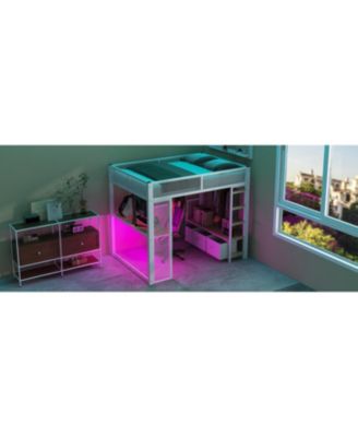 Full Size Metal Gaming Loft Bed with LED, Desk, Open Wardrobe and 3 Linen Storage Drawers