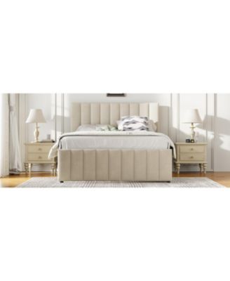  Full Size Upholstered Platform Bed with Twin Size Trundle and 3 Drawers, Linen Fabric, Beige