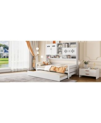 Twin Size Wooden Daybed with Trundle and Storage Cabinet & Shelf