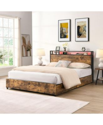 Queen Bed Frame w/ Charging Headboard, Noise-Free, No Box Spring