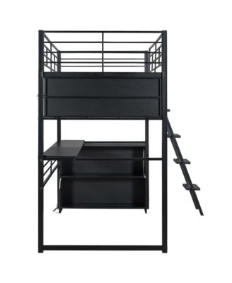 Metal Loft Bed with LED, Desk and 4 Storage Shelves,