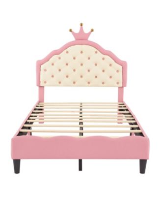 Twin Size Lovely Crown Fantasy PU Leather Princess Bed with Tufted Headboard, Pink+Cream