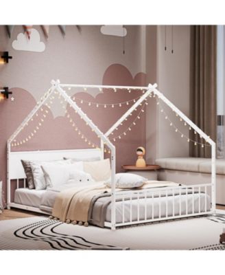  Kids House Bed with Roof and Lights, Metal Frame
