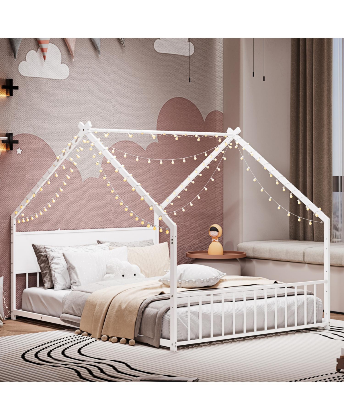 Streamdale Furniture Kids House Bed with Roof and Lights, Metal Frame