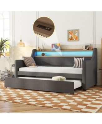 Twin Size Daybed with Trundle Bed, Upholstered Daybed with Charging Station and LED Lights