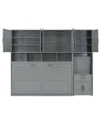  Twin Size Murphy Bed Wall Bed with Closet, Drawers & Desk-Gray