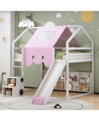 Wooden Loft Bed House-shaped Frame with a Tent