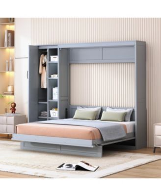 Queen Size Murphy Bed Wall Bed with Shelves, Wardrobe and LED Lights