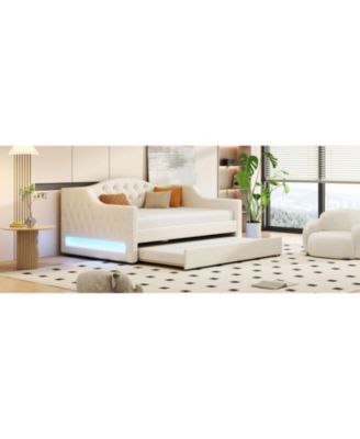 Upholstered Full XL Size Daybed with LED Belt and Trundle