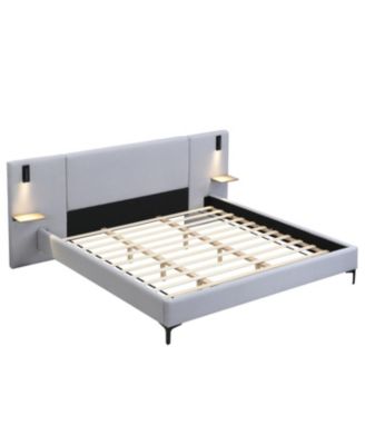 Chic Linen Upholstered Bed with Integrated Lights and Shelves King