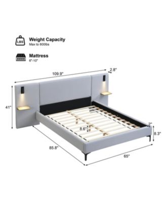 Chic Linen Upholstered Bed with Integrated Lights and Shelves Queen