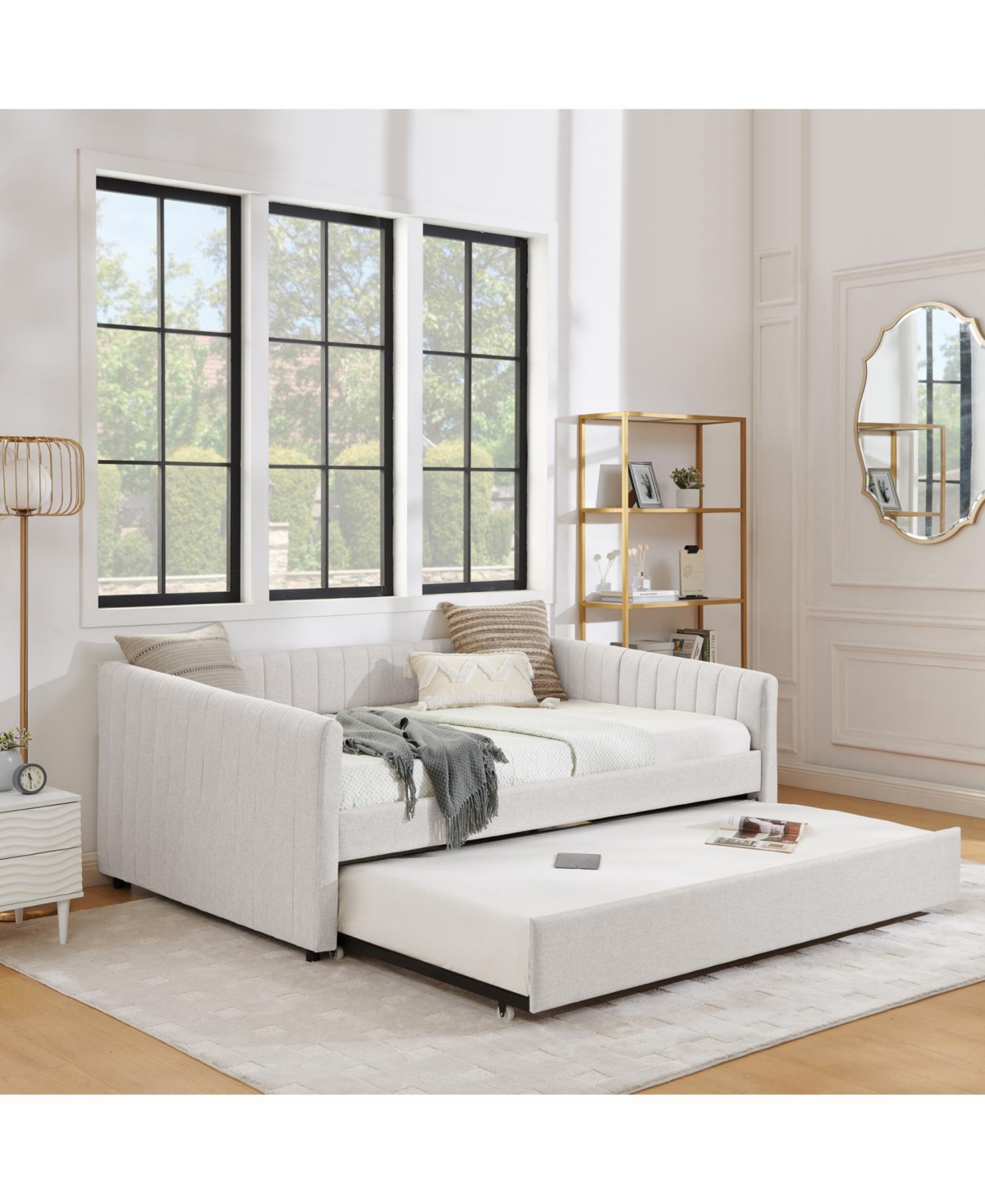 Streamdale Furniture Beige Linen Daybed with Trundle & Vertical Stripes