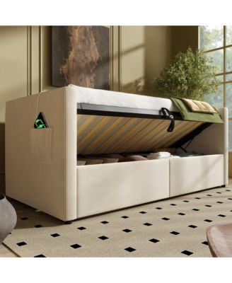 Upholstered Twin Daybed with Hydraulic Storage, USB Charging, Tufted Back, Beige Velvet