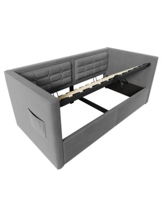  Upholstered Twin Daybed with Hydraulic Storage, USB Charging, Tufted Back, Gray Velvet