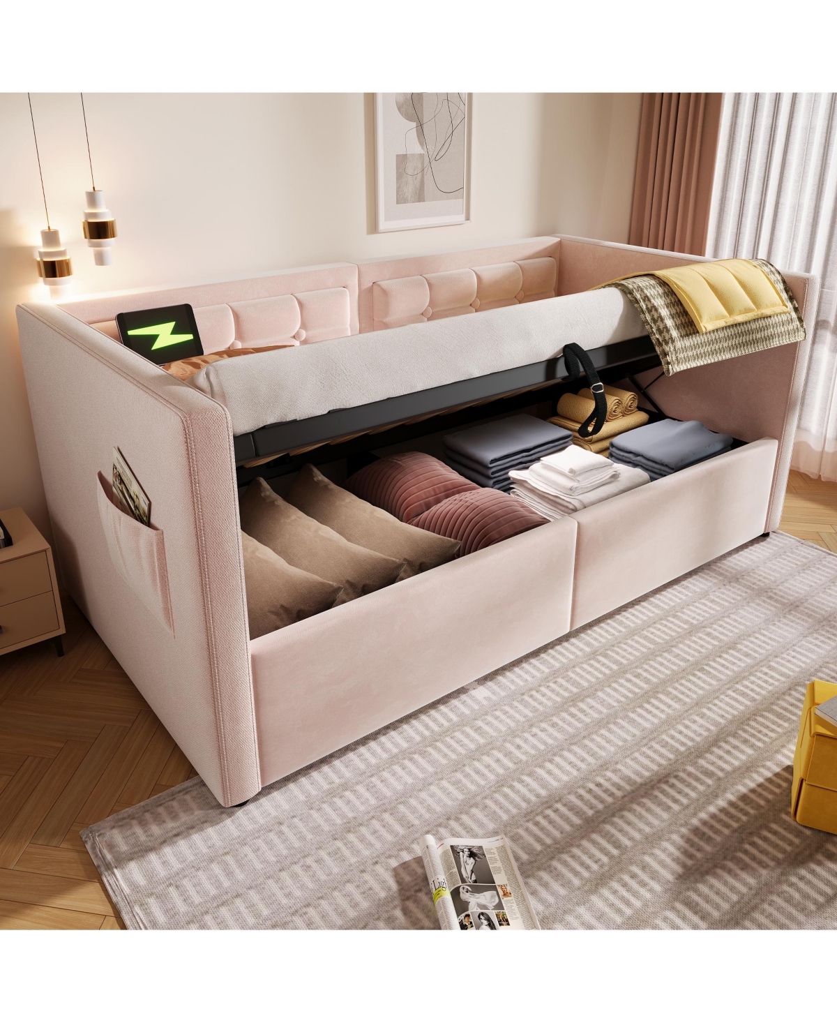 Streamdale Furniture Velvet Twin Daybed with Usb Charging & Storage