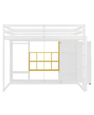 Full Size Wood Loft Bed with Wardrobe, shelves and Cabinet