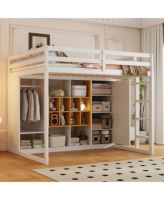 Full Size Wood Loft Bed with Wardrobe, shelves and Cabinet