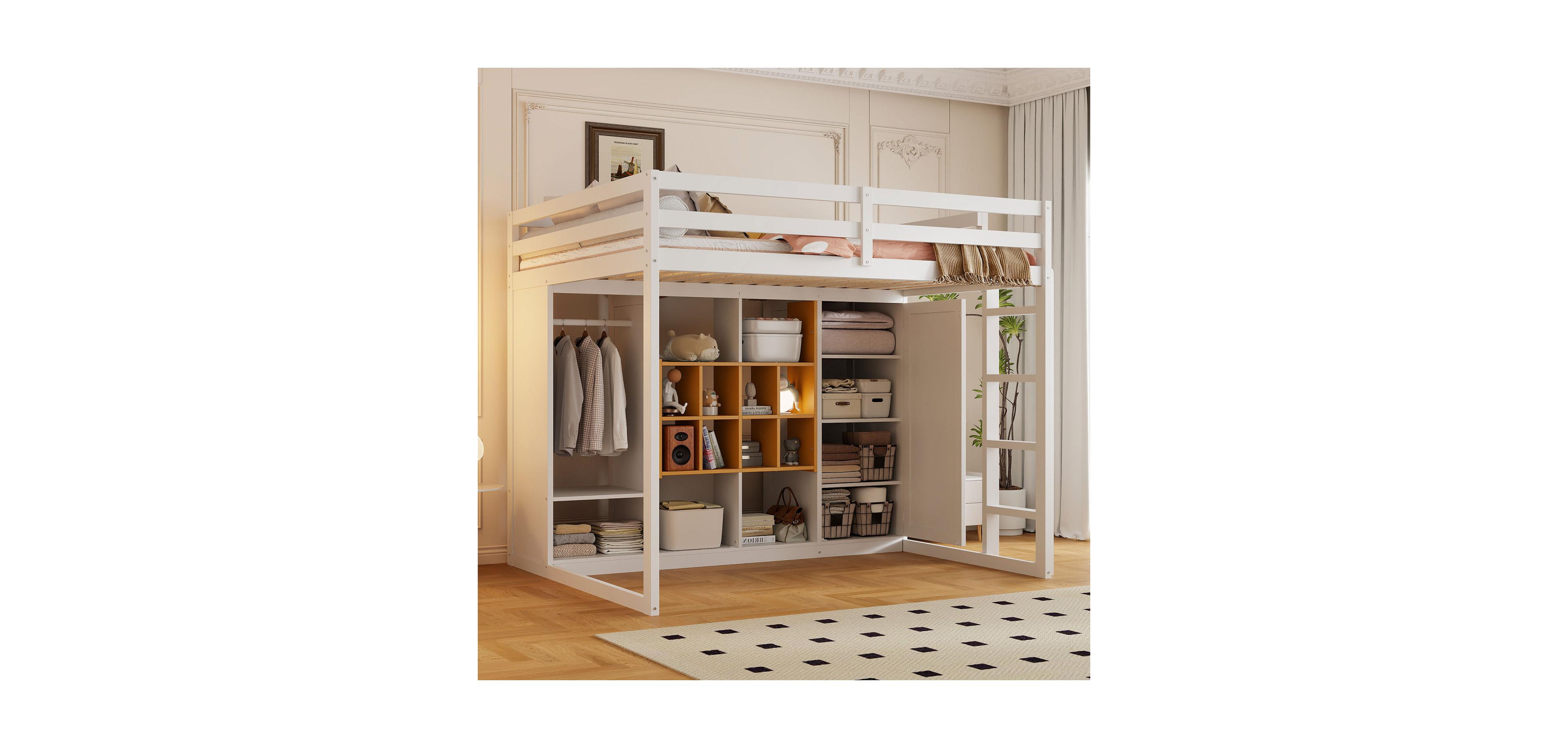 Streamdale Furniture Full Size Wood Loft Bed with Wardrobe, shelves and Cabinet