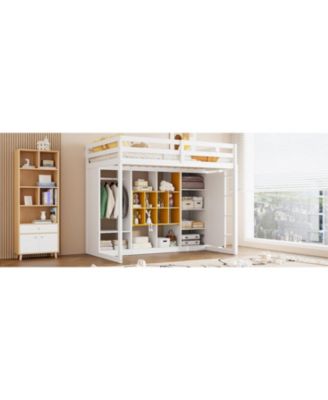 Twin Size Wood Loft Bed with Wardrobe, shelves and Cabinet