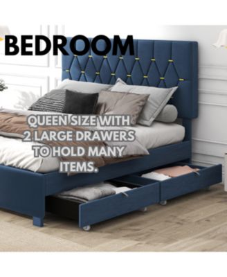 Queen Velvet Bed with Trundle & Storage - Blue