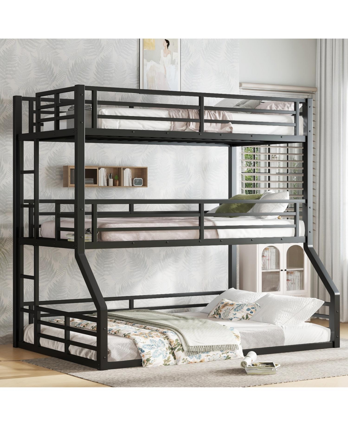 Streamdale Furniture Triple Bunk Bed, Twin/Twin/Full Xl, Metal, Black
