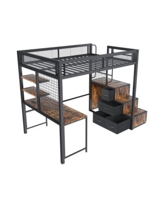 Loft Bed with Desk, USB, Drawers, Stairs & Storage - Black