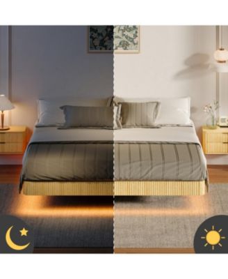  Oak King LED Floating Bed Frame - Wave Texture, Metal Slats