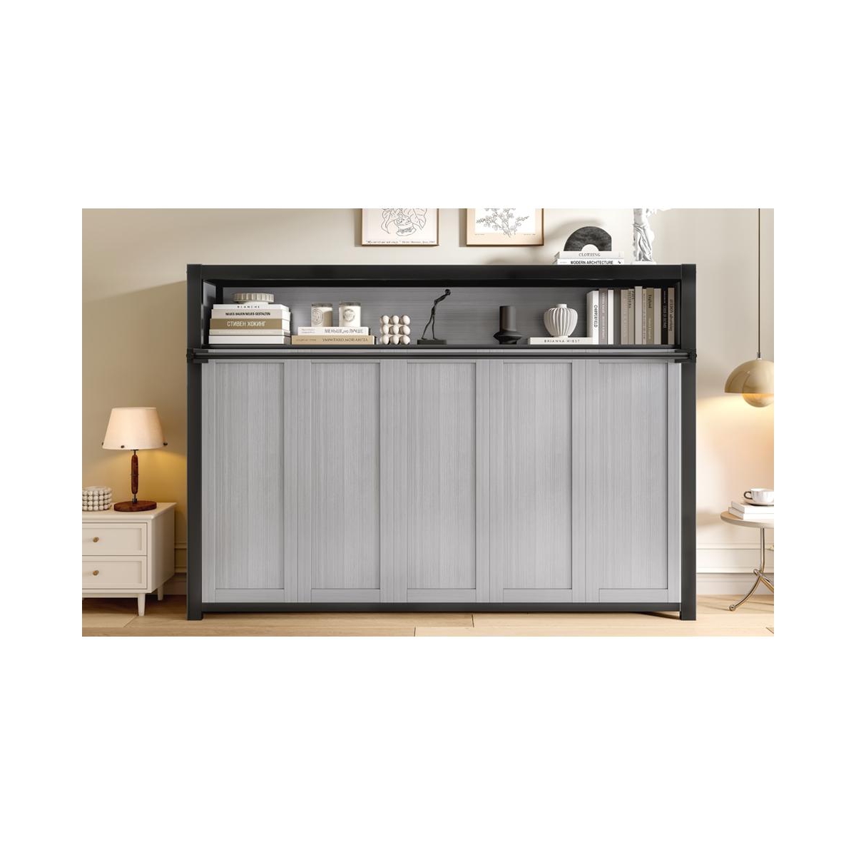 Streamdale Furniture Twin Murphy Bed with Shelves, Foldable Metal Wall Bed - Gray