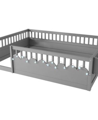 Twin Size  Wood  Rails, Light & Shelf  Floor Bed Frame