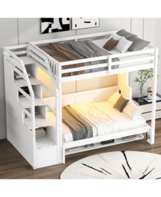 Full XL Loft Bed w/ Storage Stairs & Full Murphy Bed, LED