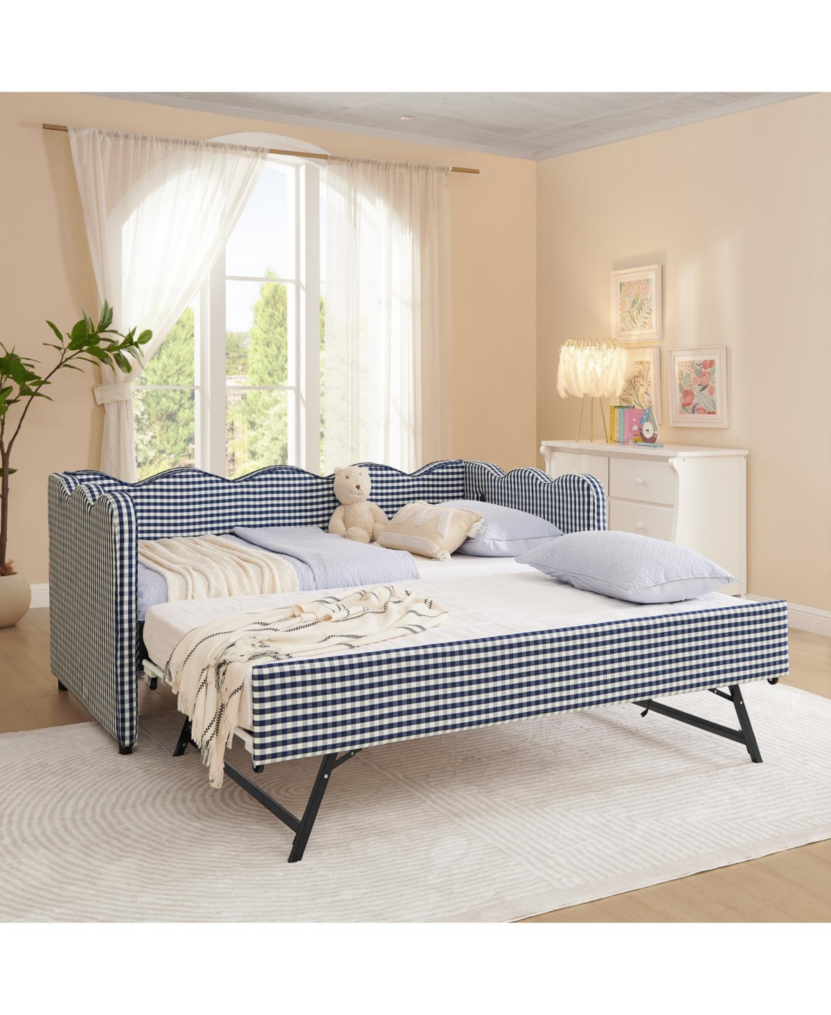 Streamdale Furniture Gingham Daybed with Trundle, Usb Port, Linen, Navy