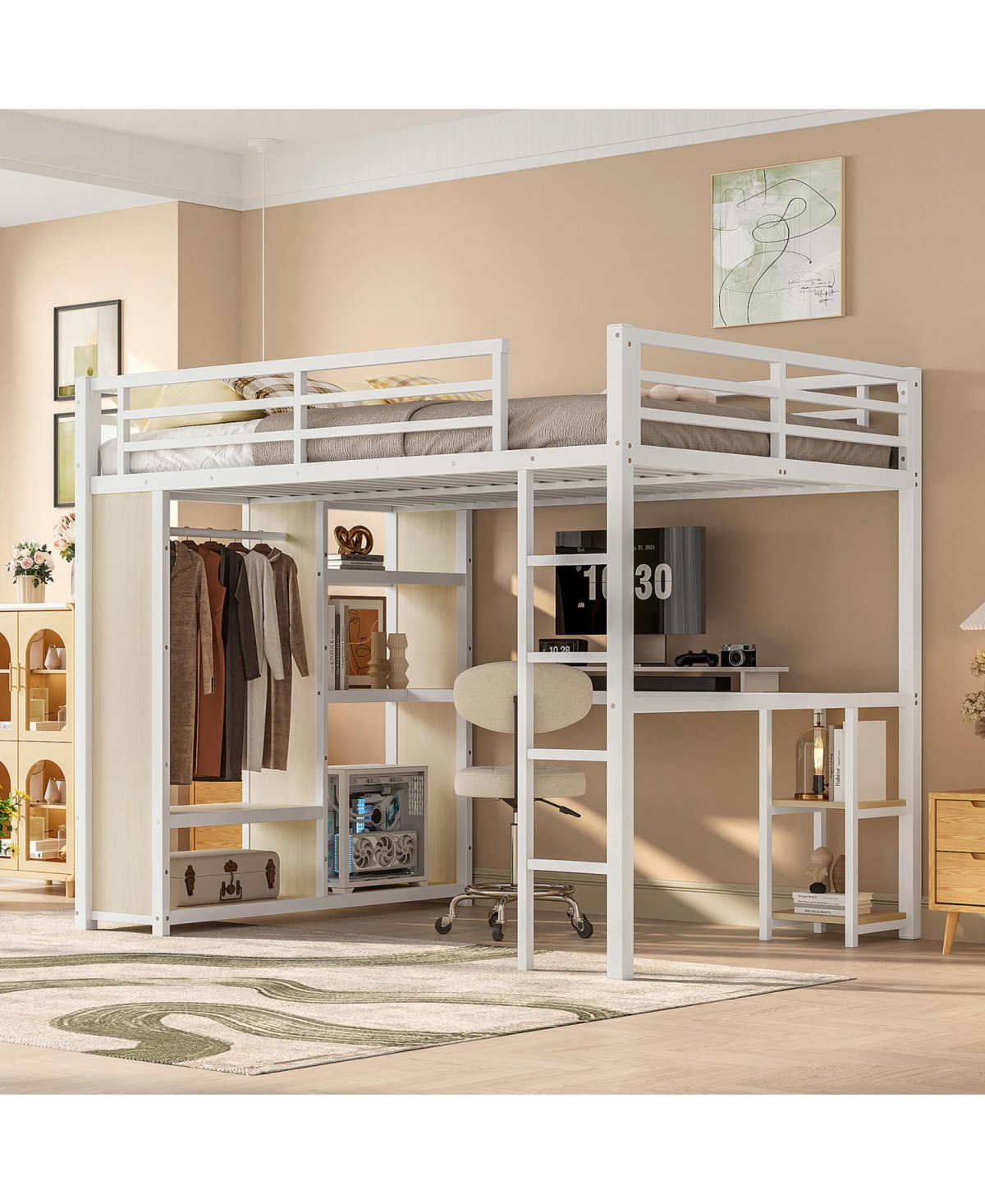 Streamdale Furniture Queen Loft Bed Frame w/ Wardrobe, Desk & Shelves