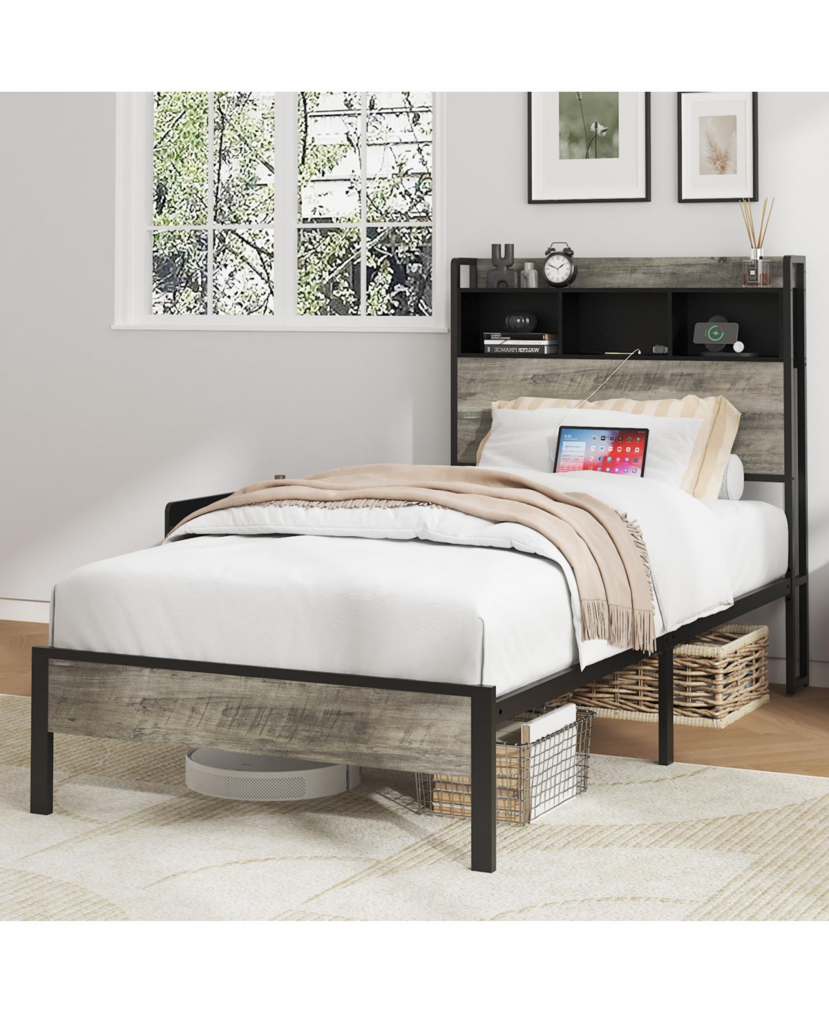 Streamdale Furniture Single Bed Frame with Storage Headboard & Charging Station