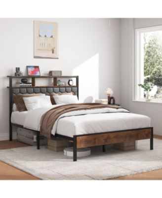 Wooden Platform Bed Frame w/ USB Ports & Storage - Brown