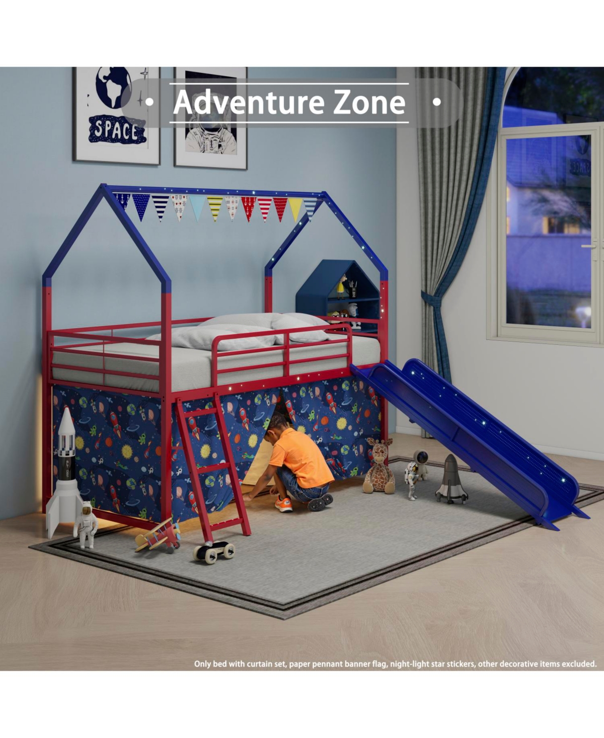 Streamdale Furniture Jack Metal Twin Loft Bed w/ Slide & Curtain