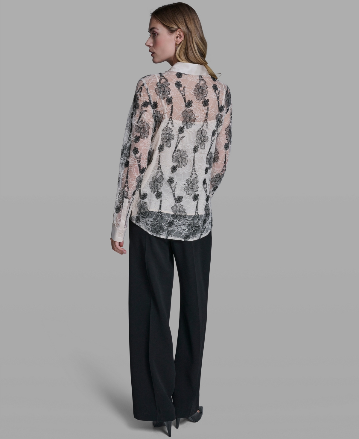 Karl Lagerfeld Paris Women's Lace Print Collared Top