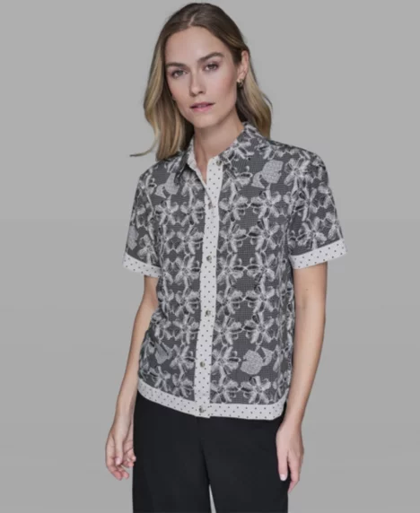 Women's Lace Print Detail Camp Shirt, Regular & Petite - Black/Bisque