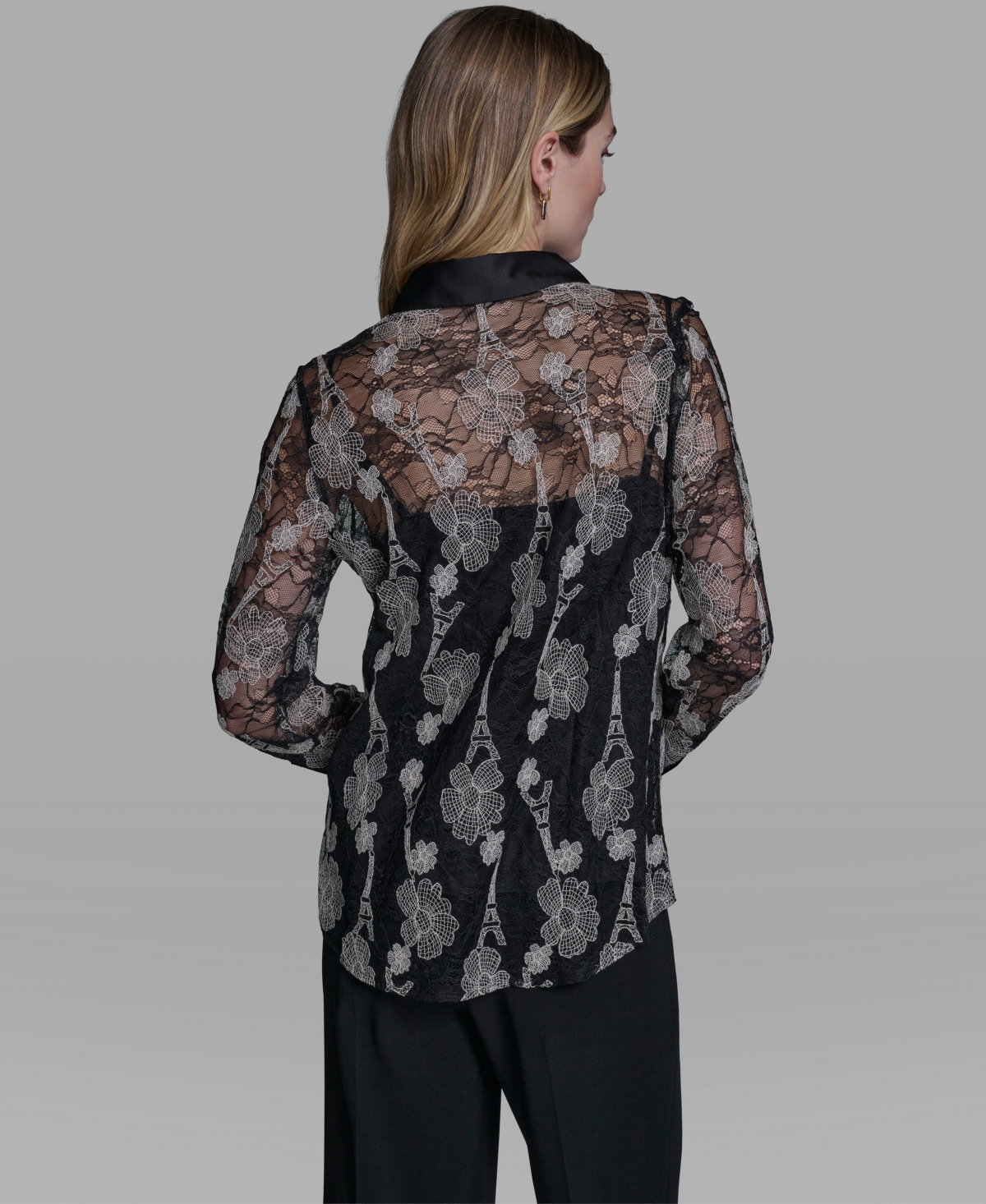 Karl Lagerfeld Paris Women's Lace Print Collared Top