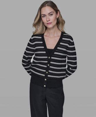 Women's Pointelle Stripe V-Neck Cardigan Sweater