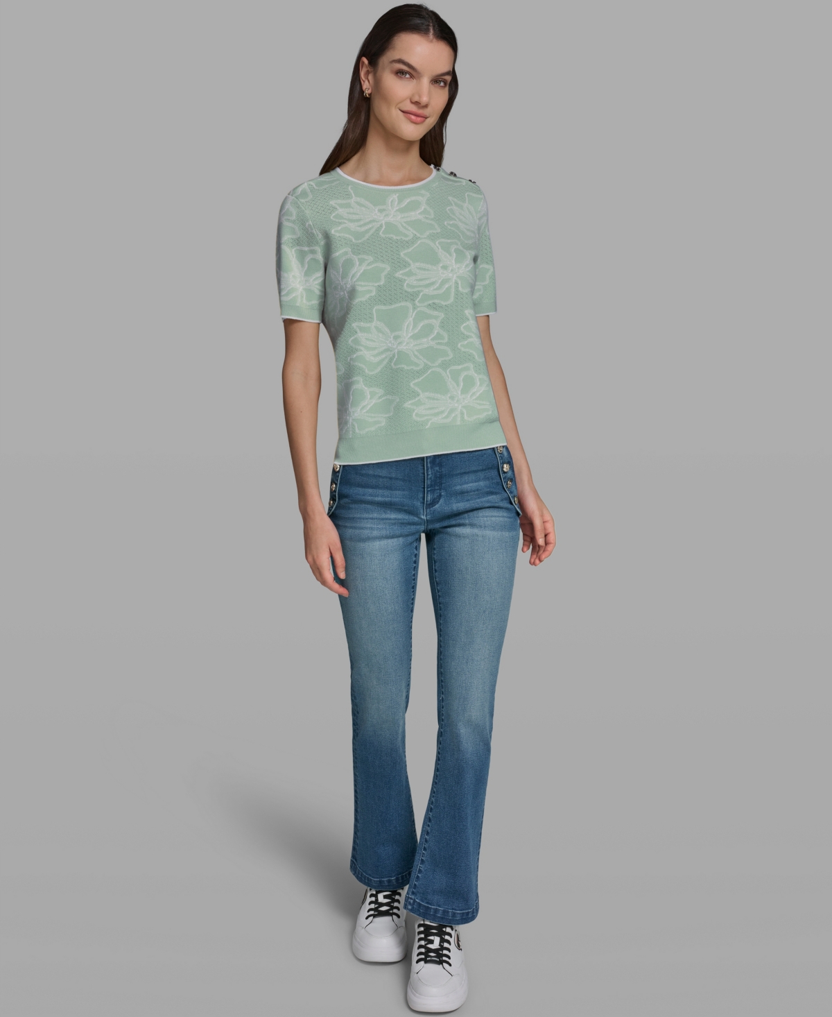 Karl Lagerfeld Paris Women's Flower Print Short-Sleeve Sweater