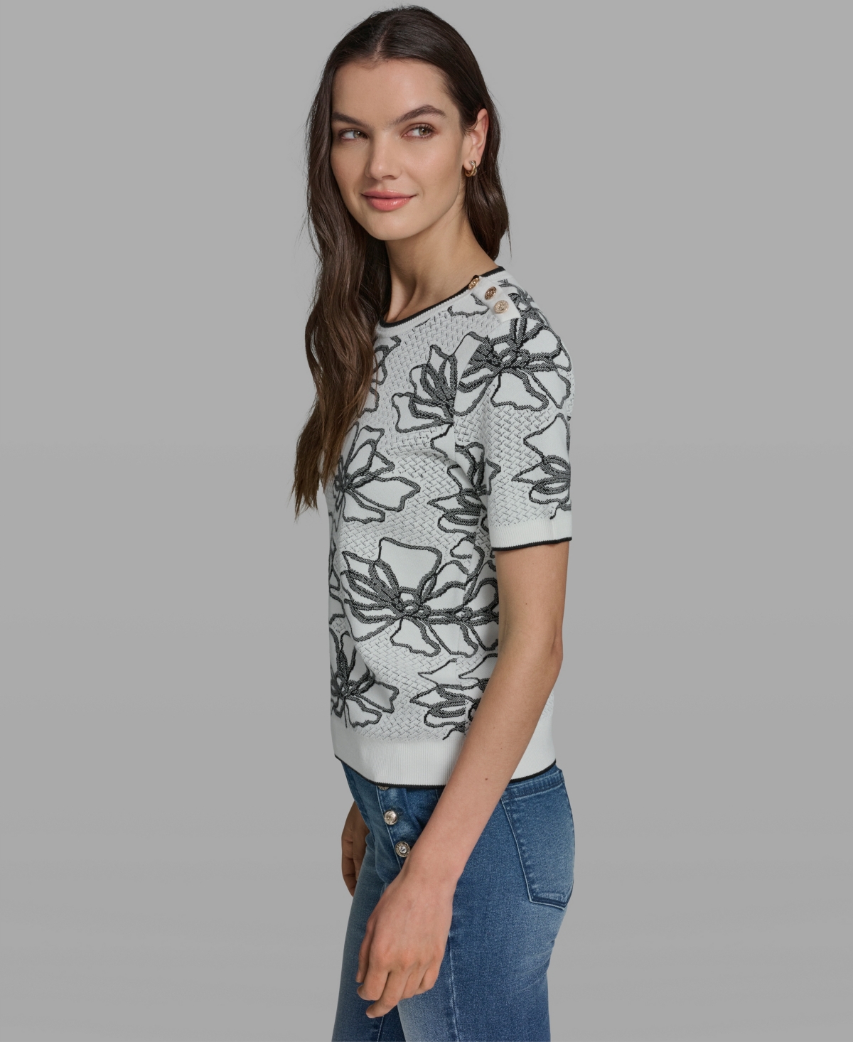 Karl Lagerfeld Paris Women's Flower Print Short-Sleeve Sweater