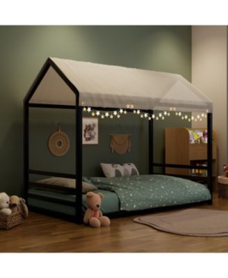 Montessori Metal Floor Bed Frame, House Bed with Guardrails, Kids/Toddlers.