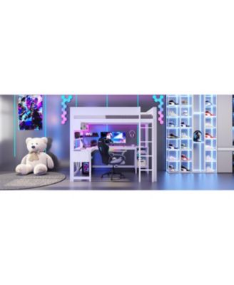 Full Size Black Gaming Loft Bed with Desk, LED Lights & Charging Station