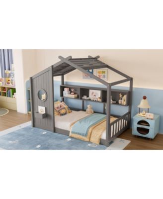 Twin Floor House Bed Toddler, Montessori Bed with Shelf, Playhouse Bed