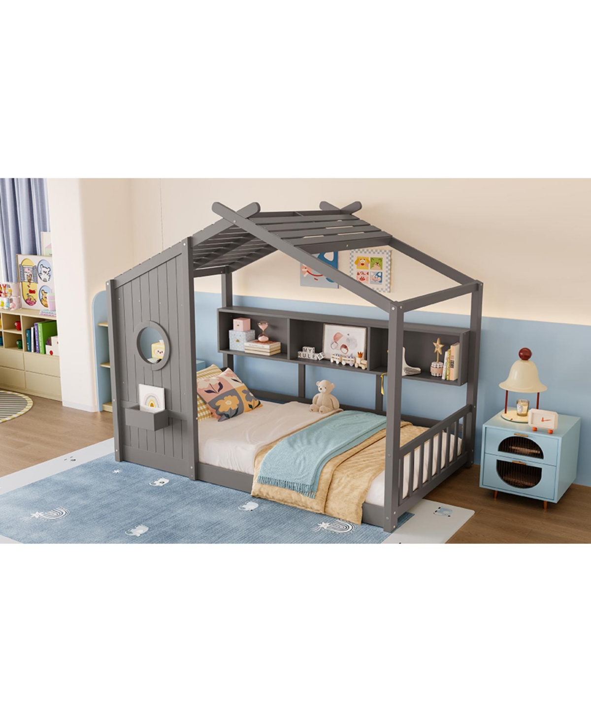 Streamdale Furniture Twin Floor House Bed Toddler, Montessori with Shelf, Playhouse Bed, Gray