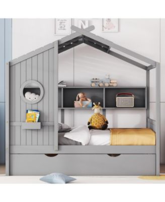 Wooden Full Size House Bed with Trundle & Shelf