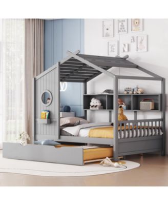 Wooden Full Size House Bed with Trundle & Shelf