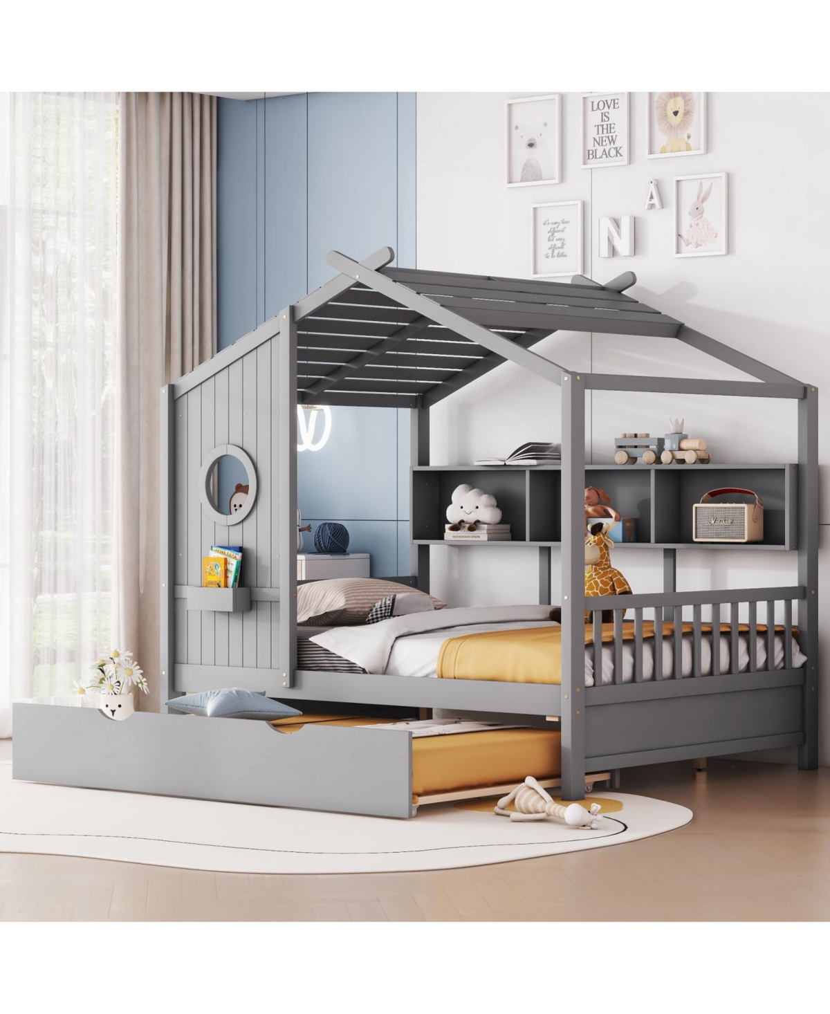 Streamdale Furniture Wooden Full Size House Bed with Trundle & Shelf - Gray